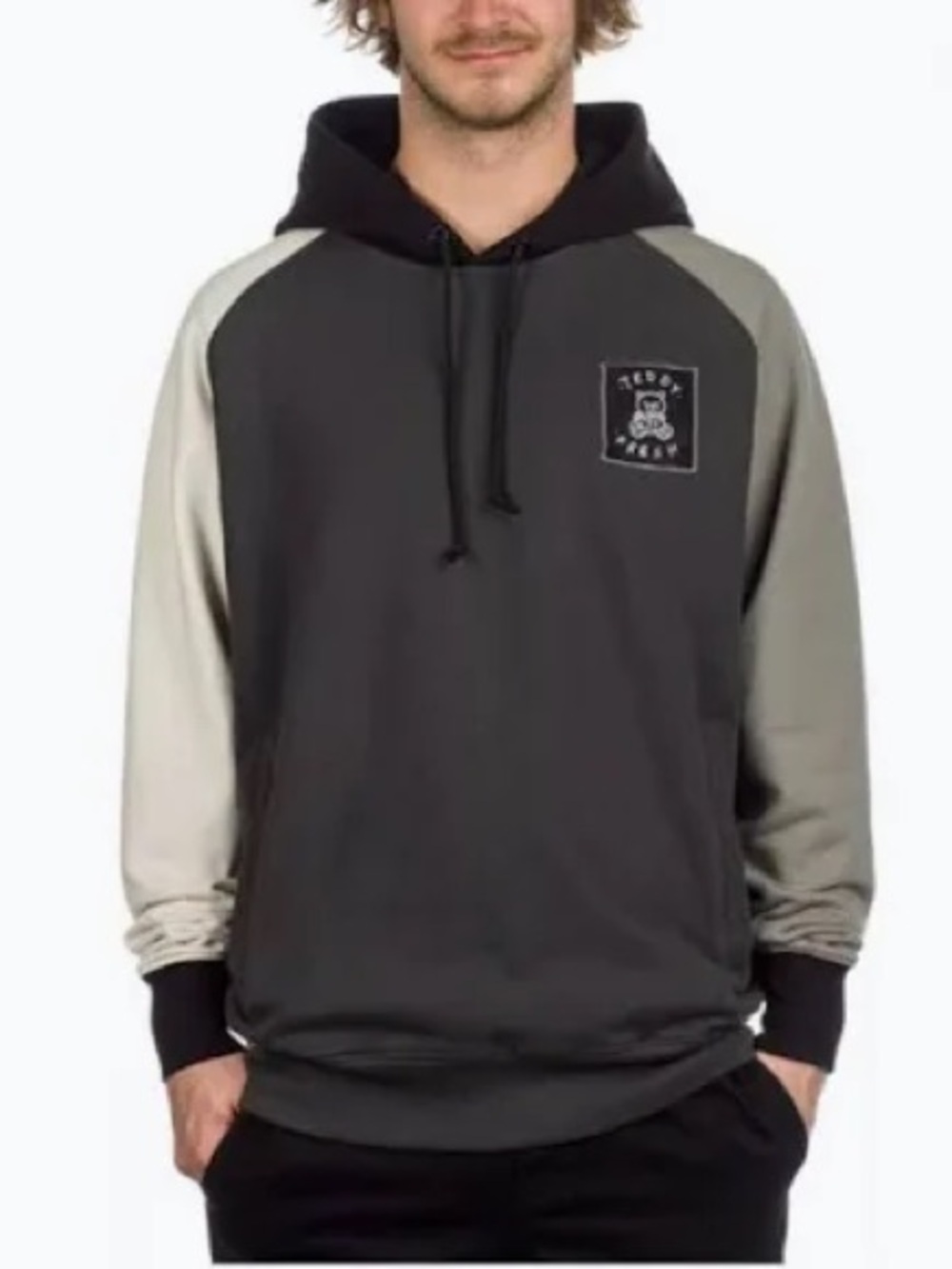 Teddy Fresh Hoodie Sweatshirt Raglan Sleeves Pullover Gray Block Size M